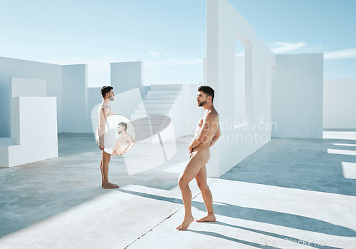 Image of Art, naked men in sun with mirror and reflection, creative architecture and sky with muscle and athletic lgbt body. Pride, power and gay couple posing as artistic Greek statue, freedom in self love.