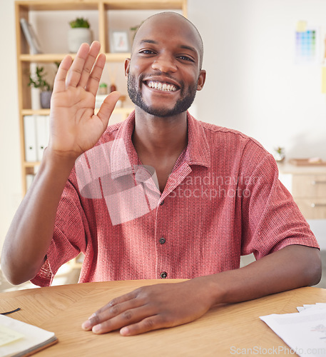 Image of Wave, video call and portrait of black man in office for conference, communication and networking. Hello, greeting and online meeting with male in startup agency for virtual, friendly and webinar