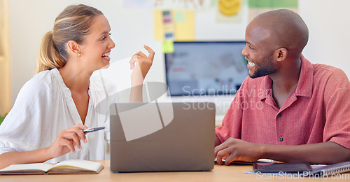 Image of Business people, startup meeting and talking with laptop in office for planning, funny joke and diversity. Group, laugh and comic black man with woman, computer or idea for proposal, solution or goal