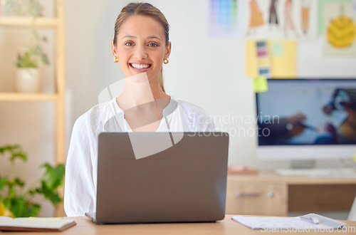 Image of Office, happy woman portrait and laptop of a fashion designer and stylist with a smile. Website, digital ecommerce analytics and design research of a young person working on style business app