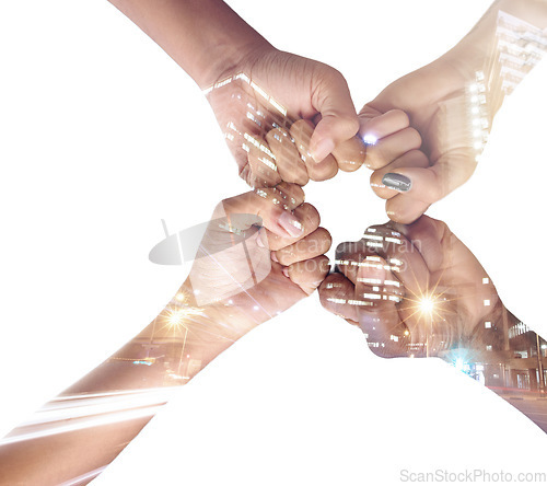 Image of Hands, fist bump and team, together and support with city overlay and double exposure on white background. Collaboration, trust and people united in studio, connection and solidarity with diversity