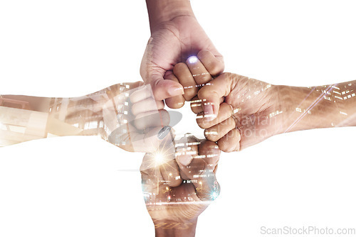 Image of Hands, fist bump and team with connection and support, city overlay and double exposure on white background. Collaboration, trust and people united in studio, together and solidarity with diversity