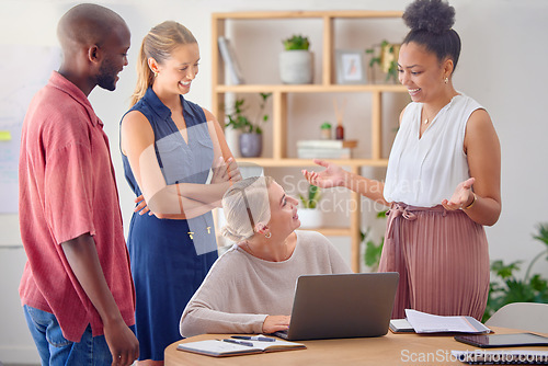 Image of Business people, startup meeting and woman with laptop in office with planning, question or teamwork. Group, diversity and support for black man, women or happiness for proposal, solution or strategy