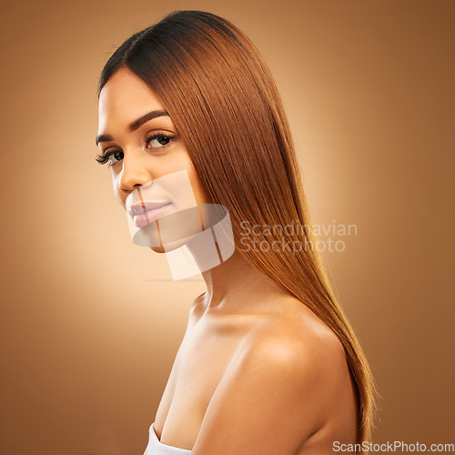 Image of Brown hair, beauty and portrait of woman in studio for growth and color shine or healthy texture. Aesthetic female model for haircare, natural makeup and hairdresser or salon on gradient background