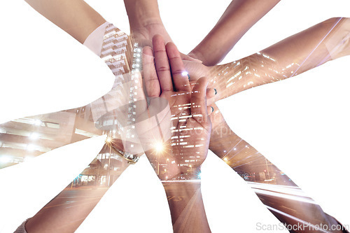 Image of Hands, together and team, connection and support, city overlay and double exposure on white background. Collaboration, trust and people in studio with low angle, unity and solidarity with diversity