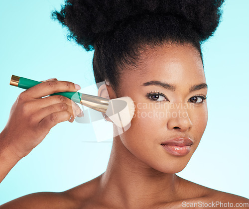 Image of Makeup, brush and portrait of black woman for beauty, cosmetics and glamour on blue background. Salon, cosmetology and face of girl with brushes for foundation, skincare and application in studio