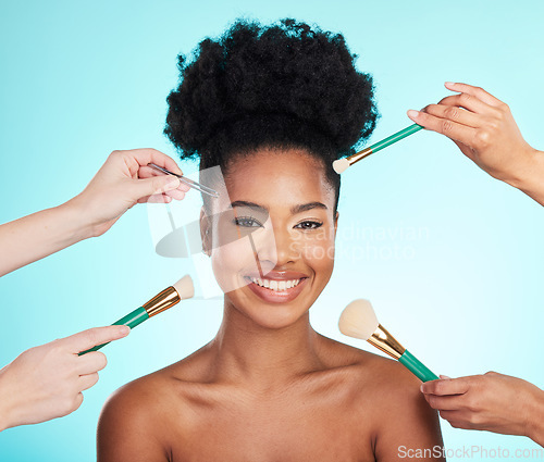 Image of Makeup, brush in hands and portrait of black woman for beauty, cosmetics and facial on blue background. Salon, face cosmetology and happy girl for foundation tools, skincare and dermatology in studio