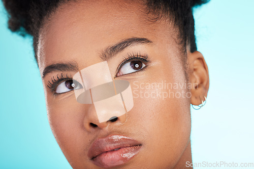 Image of Skincare, woman beauty and face idea closeup of makeup., dermatology and facial treatment. Spa, wellness and skin glow aesthetic with a studio background with young female, cosmetics and cosmetology