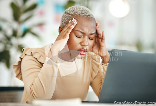 Image of Office headache, laptop or black woman tired of computer error, database crash or mental health stress. Mistake, 404 glitch or sad female accountant with migraine, pain or burnout problem