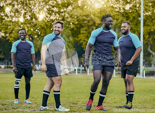 Image of Rugby, men on team and diversity on field, sports and strong athlete group outdoor with fitness and muscle. Professional players, sport club and exercise with training for match, happy and teamwork