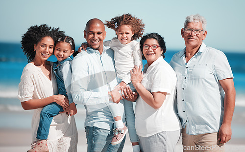 Image of Big family, smile and portrait at beach on vacation, bonding and care at seashore. Holiday relax, summer ocean and happy father, mother and grandparents, girls or kids enjoying quality time together.