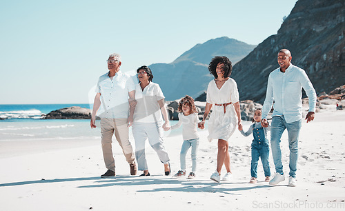 Image of Beach, grandparents and children walking with parents to relax on summer holiday, vacation and weekend. Happy family, travel and mother, dad and kids holding hands for fun, bonding and quality time