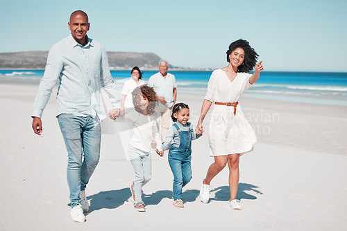 Image of Happy, beach and family holding hands while on a walk together on summer vacation, adventure or weekend trip. Love, activity and parents with their children by the ocean on tropical holiday in Mexico
