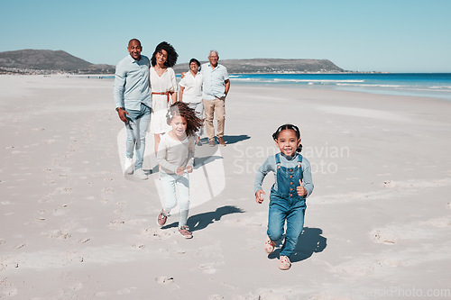 Image of Beach, family and portrait of kids running in sand, playful and having fun while bonding outdoors. Face, children and parents with grandparents on summer vacation at sea on ocean trip in Cape town