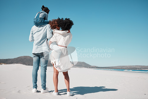 Image of Family, back view and piggyback at beach on vacation, bonding and care at seashore. Holiday relax, summer ocean and father, mother and kids, girls or children enjoying quality time together on mockup