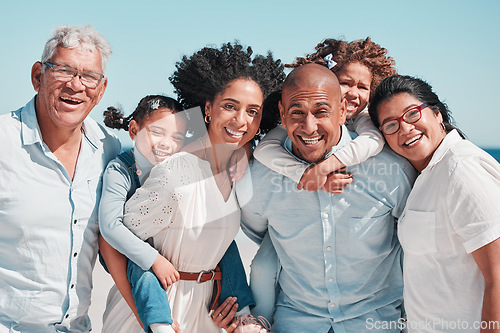 Image of Portrait, big family and smile at beach on vacation, bonding and care outdoors. Holiday relax, summer trip and happy father, mother and children, girls and grandparents enjoying quality time together