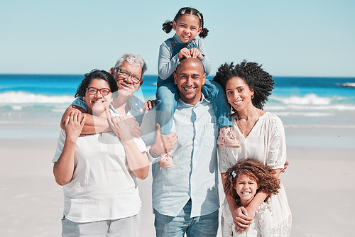 Image of Big family, smile and portrait at beach on vacation, bonding and care with piggyback. Holiday relax, summer ocean and happy father, mother and children, girls or grandparents enjoying time together.