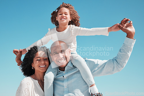 Image of Smile, family and piggyback portrait on blue sky on vacation, bonding and care outdoors. Holiday relax, summer and happy father, mother and kid or girl enjoying quality time and playing together.
