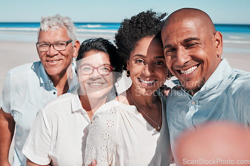 Image of Big family, smile and selfie portrait at beach on vacation, bonding and care at seashore. Holiday relax, summer ocean and couple with grandparents taking pictures for social media and happy memory.