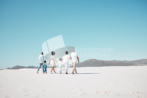 Image of Mother, dad and children with grandparents on beach to relax on summer holiday, vacation and weekend. Happy family, parents and back of kids, grandpa and grandma for walking, bonding and quality time