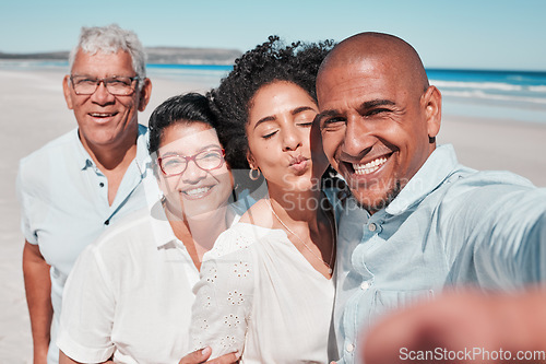 Image of Family, smile and selfie portrait at beach on vacation, bonding and care at seashore. Holiday kiss, summer ocean and couple relax with grandparents taking pictures for social media and happy memory.