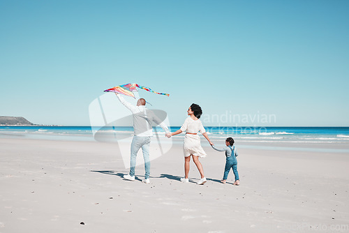 Image of Holding hands, travel and family walking with kite together at a beach, relax and bond on ocean background. Flying, toy and couple with daughter at the sea, walk and enjoy trip in Miami with fun game