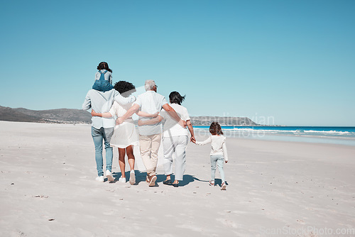 Image of Back of family on beach walking with children to relax on summer holiday, vacation and weekend together. Travel mockup, ocean and grandparents, parents and kids hug for bonding, quality time and calm