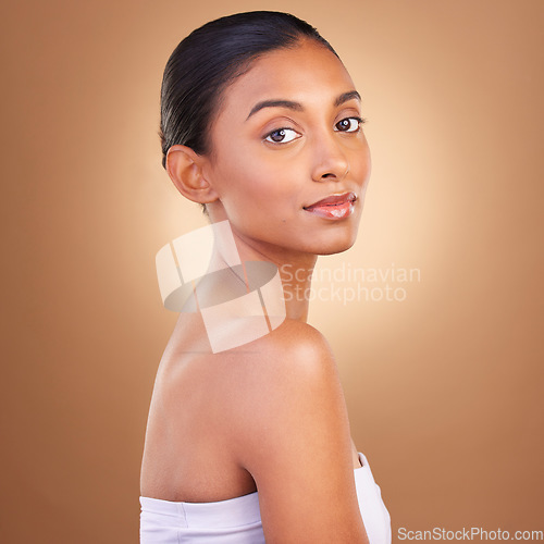 Image of Beauty, makeup and portrait of Indian woman for skincare, healthy skin and facial treatment in studio. Dermatology, luxury spa mockup and face of happy girl with wellness, cosmetics and confidence