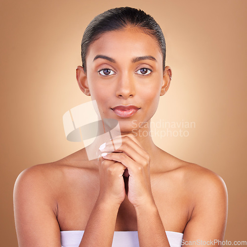 Image of Skincare, spa beauty and woman portrait in a studio for wellness and dermatology. Cosmetics, model and facial glow of a young person self care, makeup and healthy face shine from cosmetology