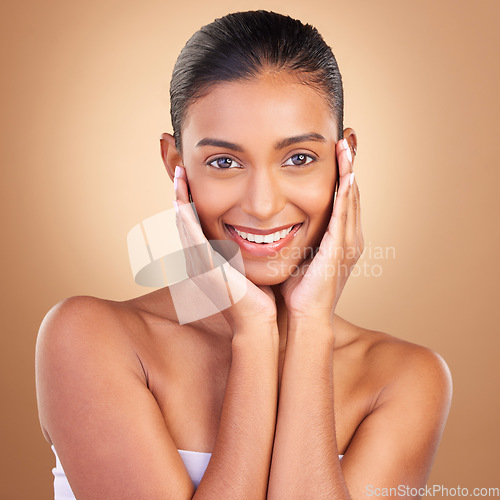 Image of Beauty, skincare and relax with portrait of indian woman in studio for happy, spa and facial. Cosmetics, self care and glow with model on brown background for satisfaction, empowerment and confidence