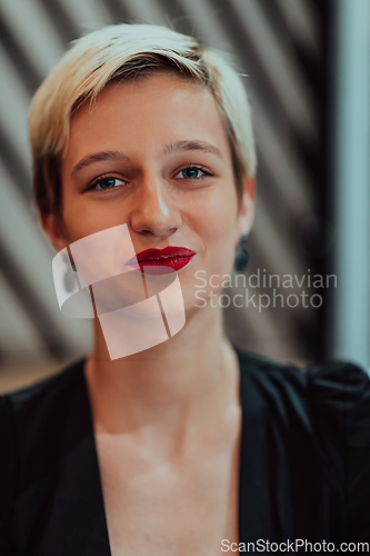 Image of Pretty businesswoman, successful confidence in a modern coffe shop. Selective focus