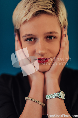 Image of Photo Beautiful businesswoman, successful confident young woman posing with hands on face. Selective focus