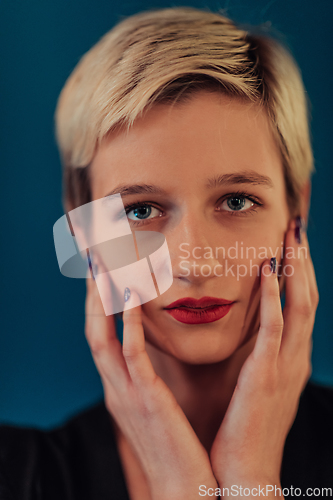 Image of Photo Beautiful businesswoman, successful confident young woman posing with hands on face. Selective focus
