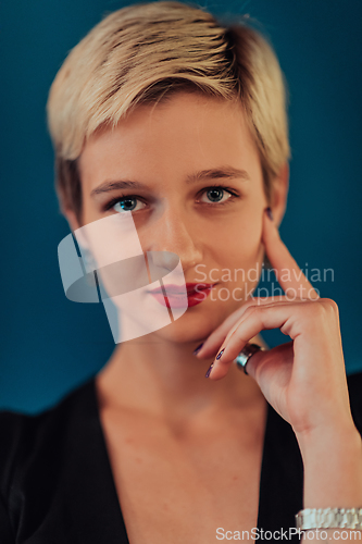 Image of Photo Beautiful businesswoman, successful confident young woman posing with hands on face. Selective focus