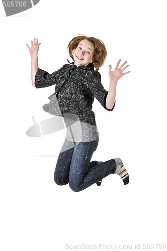 Image of Teenage girl jumping on white background