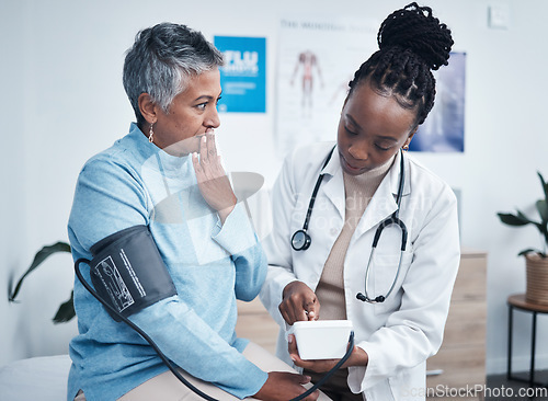 Image of Doctor, elderly woman and surprise for blood pressure reading with wellness, advice and conversation. African medic, senior client and shock face for health, cardiology and results in clinic office