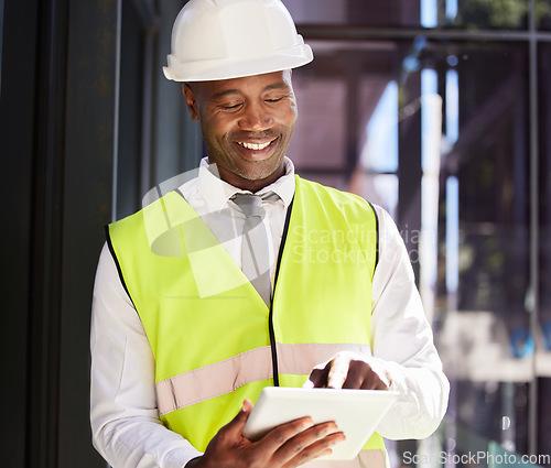 Image of Black man, smile and engineer with tablet, construction worker or contractor in office. Architecture, technology and happy male architect with touchscreen for engineering, research and planning app.