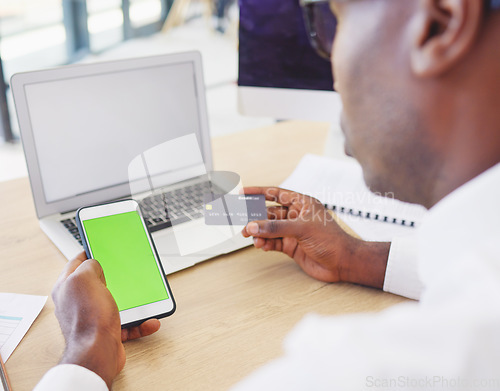 Image of Phone, credit card and black man with green screen for online shopping, advertising or marketing in office. Mockup branding, ecommerce and male with mobile for fintech, payment or digital banking.