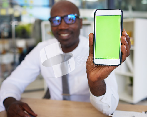 Image of Phone, hands and black man with green screen for mock up, advertising or marketing in office. Mockup, business and African male entrepreneur with smartphone for branding space or product placement.