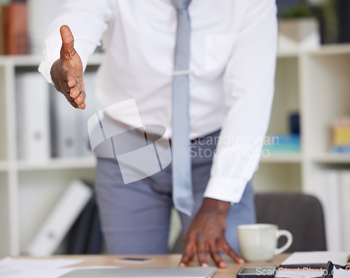 Image of Opportunity, welcome and black man with a handshake in office for recruitment, onboarding or hiring. Partnership, collaboration and professional shaking hands for contract, agreement or business deal