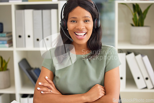 Image of Portrait, customer service and help with a black woman consulting using a headset in an office at work. Contact us, crm and assistance with a female consultant, agent or receptionist ready to support