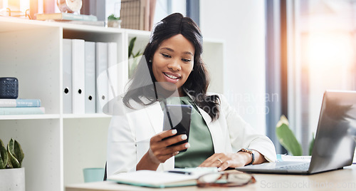 Image of Phone, office and business black woman or hr manager reading happy web post, company social media and mobile app. Worker, employee or Human Resources person, recruitment tech and cellphone networking