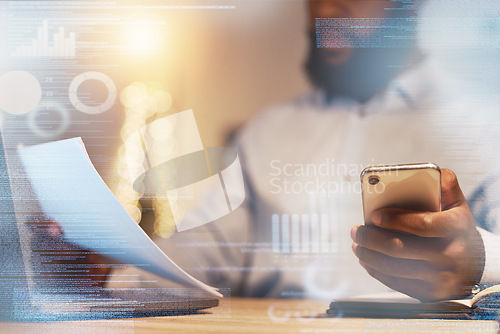 Image of Businessman, hands and phone with document at night for corporate data, statistics or analytics at the office. Hand of black man working late on company finance or budget with smartphone on overlay