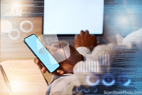 Image of Businessman, phone and hands on laptop in analytics at night for corporate data or statistics on mockup screen. Hand of man working late on smartphone or computer display for app analysis on overlay