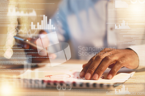 Image of Businessman, phone and hands in analytics at night for corporate chart, graph or statistics on dashboard at office. Hand of man working late on mobile smartphone and company analysis on data overlay