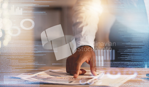 Image of Businessman, hands and document at night for reading, paperwork or planning strategy on office desk. Hand of man working late pointing on paper for project plan, idea or information on data overlay