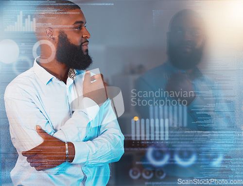 Image of Black man, thinking and planning business strategy, idea or decision making in window reflection at night office. African businessman contemplating project plan or statistics late on data overlay