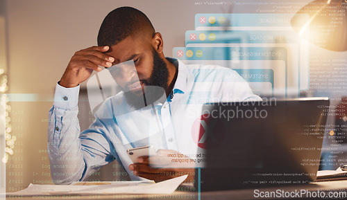 Image of Stress, hologram and black man with phone error with 404 issue, online glitch and network problem. Digital overlay, business and male worker confused for spam notification, cyber security and hacker