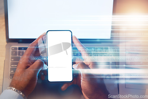 Image of Businessman, phone and hands on mockup screen at night for advertising or marketing above at office. Hand of man working late on mobile smartphone app and laptop with copy space display on overlay