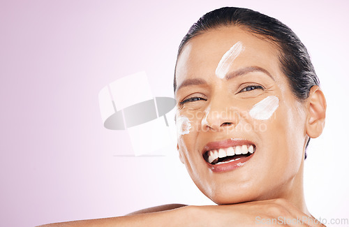 Image of Face, cream and skincare of woman laughing in studio isolated on purple background mockup. Mature, portrait and happy female with dermatology lotion, creme and moisturizer cosmetics for healthy skin